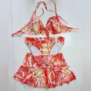 Victoria Secret Orange, Red & Cream Snake Print Bikini Set with Skirt